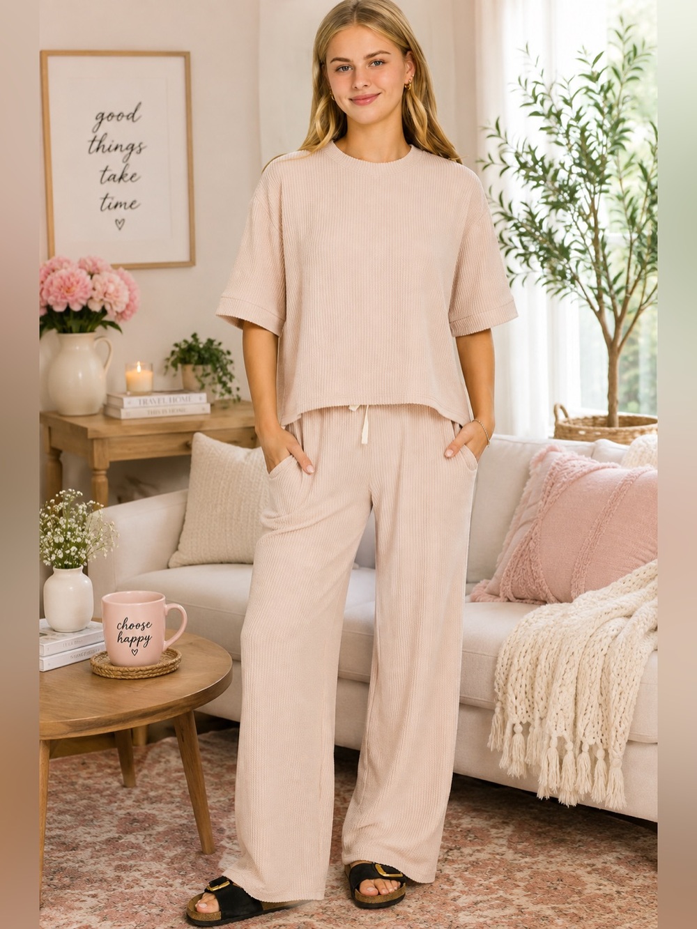 ZENANA SAND BEIGE RAISED RIB SHORT SLEEVE TEE & PANTS SET NWT